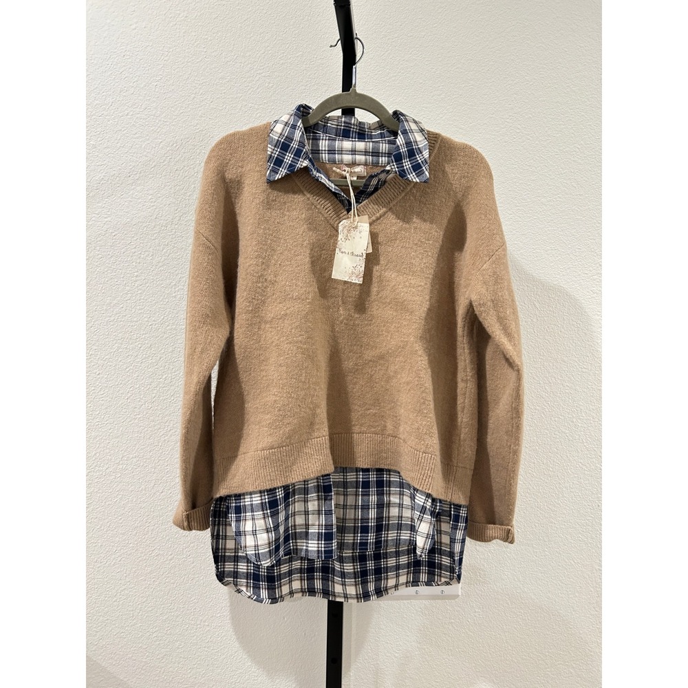 NWT Hem & Thread Womens Small Tan V-Neck Plaid Layered Look Sweater, Size S